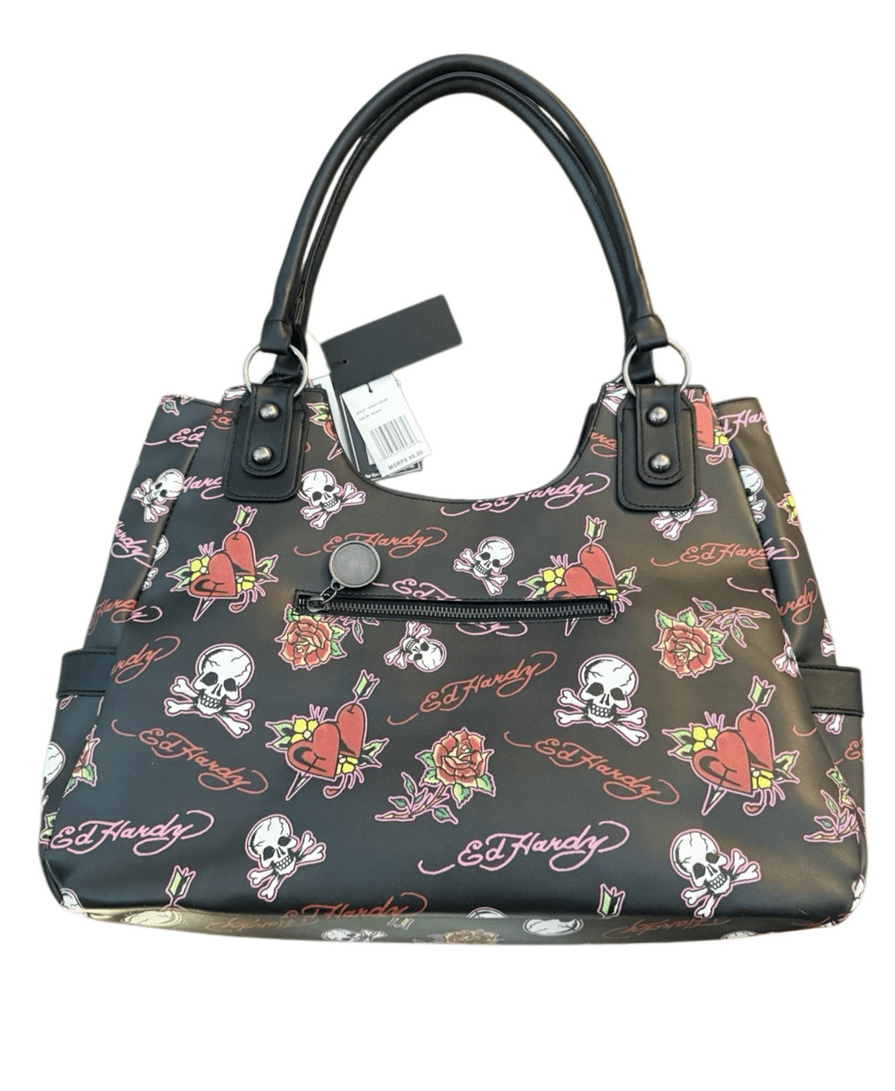 Ed Hardy Women’s Black Tattoo Skull Shoulder Large Tote NEW Grunge Hearts